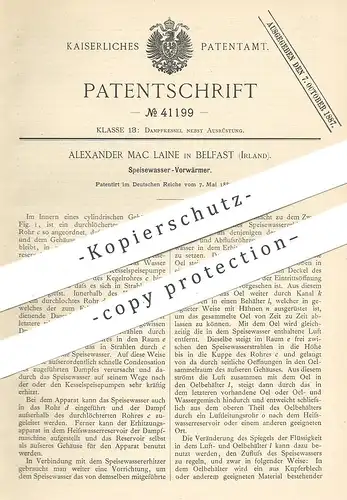original Patent - Alexander Mac Laine , Belfast , Irland , 1887 , Speisewasser - Vorwärmer | Dampfkessel , Kessel !!