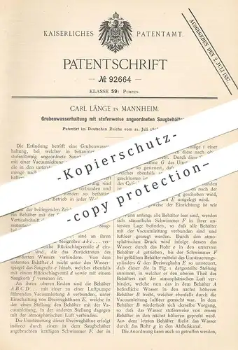 original Patent - Carl Länge , Mannheim , 1896 , Grubenwasserhaltung mit Saugbehälter | Pumpe , Pumpen | Wasser