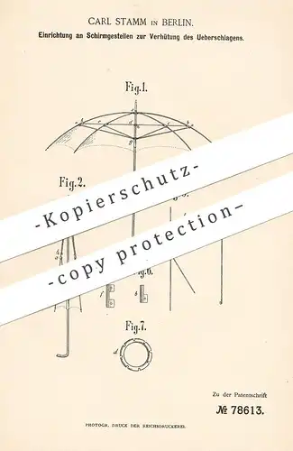original Patent - Carl Stamm , Berlin , 1893 , Schirmgestell | Gestell für Schirm , Regenschirm , Sonnenschirm !!!