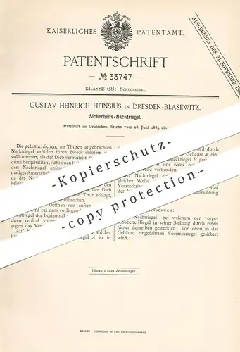 original Patent - Gustav Heinrich Heinsius , Dresden / Blasewitz , 1885 , Sicherheits- Türriegel | Riegel , Türschloss