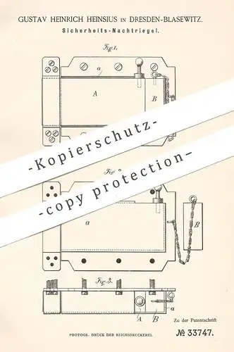 original Patent - Gustav Heinrich Heinsius , Dresden / Blasewitz , 1885 , Sicherheits- Türriegel | Riegel , Türschloss