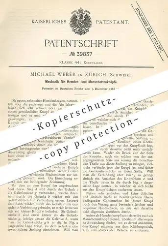 original Patent - Michael Weber , Zürich , Schweiz , 1886 , Mechanik für Knöpfe , Manschettenknöpfe | Knopf | Schneider