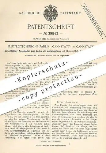 original Patent - Elektrotechnische Fabrik Canstatt / Stuttgart , 1886 , Ausschalter zum Laden von Akkumulator | Dynamo