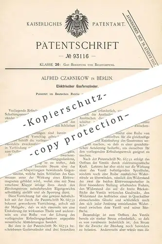 original Patent - Alfred Czarnikow , Berlin , 1896 , Elektrischer Gasfernzünder | Gas - Zünder | Strom , Elektriker !!!