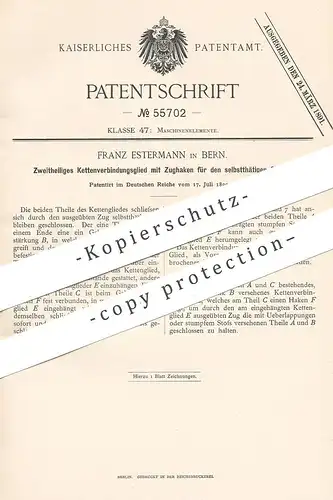 original Patent - Franz Estermann , Bern , 1890 , Kettenverbindungsglied mit Zughaken | Kette , Ketten , Kettenglied !!