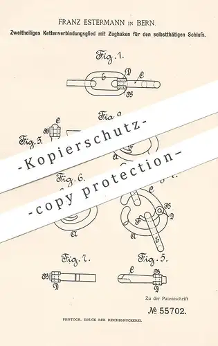 original Patent - Franz Estermann , Bern , 1890 , Kettenverbindungsglied mit Zughaken | Kette , Ketten , Kettenglied !!