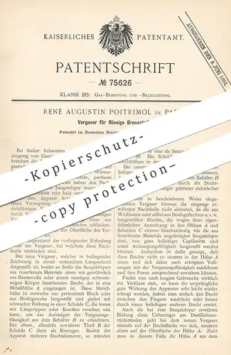 original Patent - René Augustin Poitrimol , Paris , Frankreich , 1893 , Vergaser für flüssige Brennstoffe | Gas - Motor