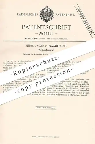 original Patent - Herm. Unger , Magdeburg , 1890 , Verdampfapparat | Verdampfer | Dampf | Zucker , Zuckerfabrik !!!