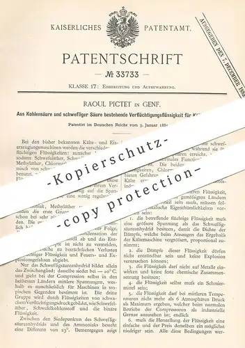 original Patent - Raoul Pictet , Genf , 1885 , Flüssigkeit für Kältemaschine aus Kohlensäure u. Schwefelsäure | Kühlung