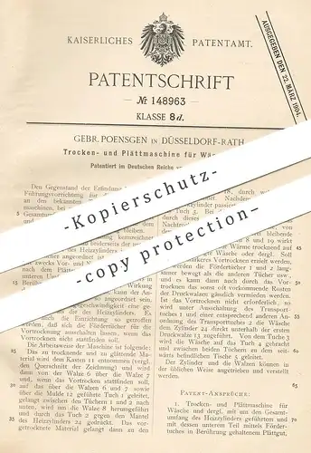original Patent - Gebr. Poensgen , Düsseldorf / Rath , 1902 , Trockner und Plättmaschine für Wäsche | Mangel , Bügeln !!