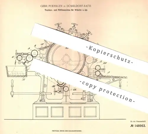 original Patent - Gebr. Poensgen , Düsseldorf / Rath , 1902 , Trockner und Plättmaschine für Wäsche | Mangel , Bügeln !!