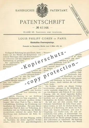original Patent - Louis Philipp Cohen , Paris , Frankreich , 1887 , Steinkohle - Feuerung | Kohle , Dampfkessel , Ofen !