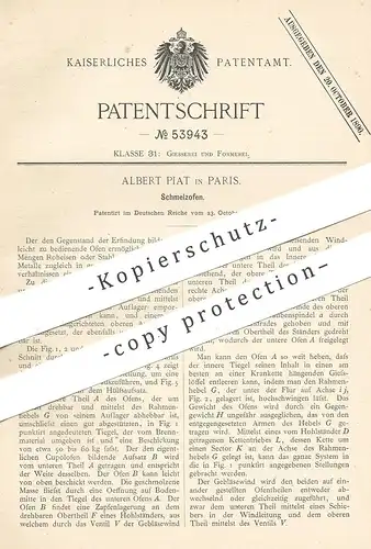 original Patent - Albert Piat , Paris , Frankreich , 1889 , Schmelzofen | Ofen , Ofenbauer , Stahl , Eisen , Kupolofen