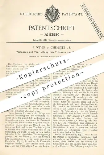 original Patent - F. Wever , Chemnitz / Sachsen , 1890 , Trocknen von Faserstoff | Stoffe , Gewebe trocknen !!!