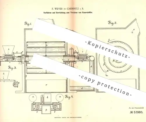 original Patent - F. Wever , Chemnitz / Sachsen , 1890 , Trocknen von Faserstoff | Stoffe , Gewebe trocknen !!!