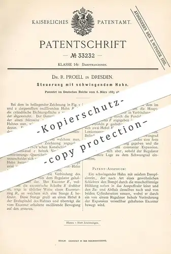 original Patent - Dr. R. Proell , Dresden , 1885 , Steuerung mit schwingendem Hahn | Dampfmaschine | Motor !!!