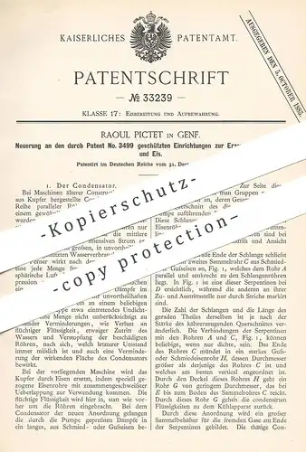 original Patent - Raoul Pictet , Genf , 1884 , Erzeugung von Kälte u. Eis | Kühlung , Kondensator | Wasser | Dalton !!!