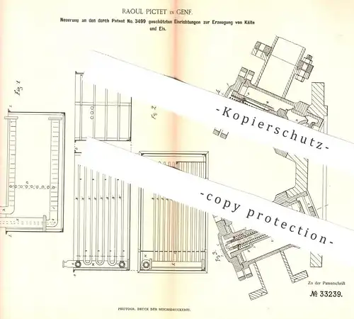 original Patent - Raoul Pictet , Genf , 1884 , Erzeugung von Kälte u. Eis | Kühlung , Kondensator | Wasser | Dalton !!!