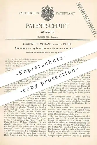 original Patent - Florentine Morane Jeune , Paris , Frankreich , 1885 , hydraulische Pressen u. Pumpen | Presse , Pumpe