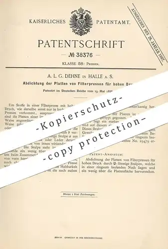 original Patent - A. L. G. Dehne , Halle / Saale , 1886 , Abdichtung der Platten von Filterpressen | Filter - Presse !!