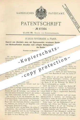 original Patent - Julius Frydmane , Paris Frankreich  1895 , Papier - Spule | Kopieren , Schreiben , Kasse , Kassenrolle