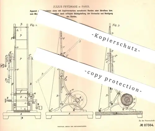 original Patent - Julius Frydmane , Paris Frankreich  1895 , Papier - Spule | Kopieren , Schreiben , Kasse , Kassenrolle