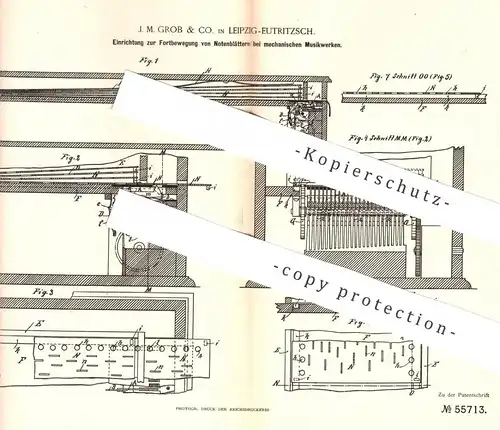 original Patent - J. M. Grob & Co. , Leipzig / Eutritzsch , 1890 , Notenblätter am mechan. Musikwerk | Musikinstrument !