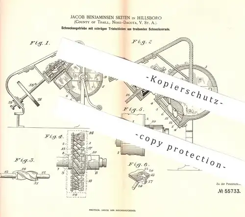 original Patent - Jacob Benjaminsen Skeyen , Hillsboro , Traill , Dakota , USA , 1890 , Schneckengetriebe | Getriebe !!