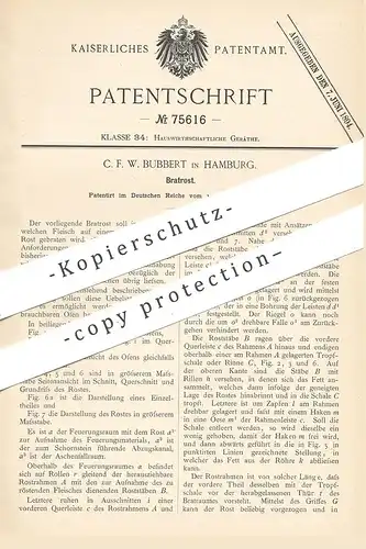 original Patent - C. F. W. Bubbert , Hamburg , 1893 , Bratrost | Rost zum Braten | Ofen , Herd , Kochherd , Grill !!!