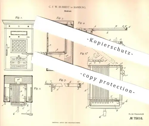 original Patent - C. F. W. Bubbert , Hamburg , 1893 , Bratrost | Rost zum Braten | Ofen , Herd , Kochherd , Grill !!!