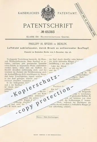 original Patent - Philipp H. Spiess , Berlin , 1891 , Luftdichter Senftopf | Senf , Mostrich , Topf | Kork , Gefäß !!!