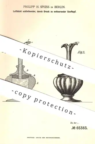 original Patent - Philipp H. Spiess , Berlin , 1891 , Luftdichter Senftopf | Senf , Mostrich , Topf | Kork , Gefäß !!!
