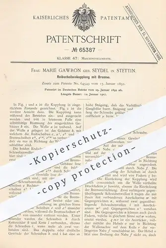 original Patent - Marie Gawron / Seydel , Stettin , 1892 , Reibscheibenkupplung mit Bremse | Kupplung | Eisenbahn !!!