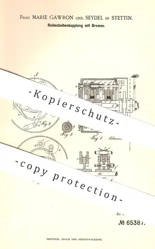 original Patent - Marie Gawron / Seydel , Stettin , 1892 , Reibscheibenkupplung mit Bremse | Kupplung | Eisenbahn !!!