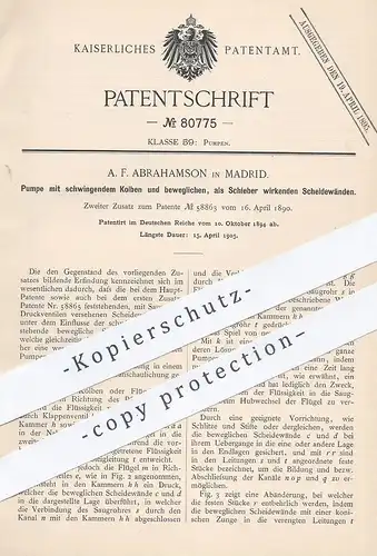 original Patent - A. F. Abrahamson , Madrid , 1894 , Pumpe mit schwingendem Kolben | Pumpen , Ventil | Wasserpumpe !!!