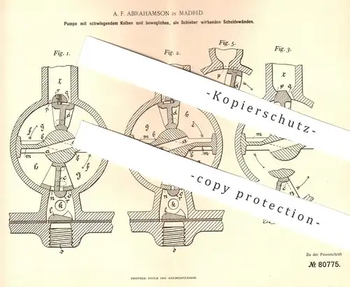 original Patent - A. F. Abrahamson , Madrid , 1894 , Pumpe mit schwingendem Kolben | Pumpen , Ventil | Wasserpumpe !!!