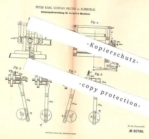 original Patent - Peter Karl Gustav Reuter , Elberfeld , 1894 , Kartenrepetiervorrichtung für Jaquard - Maschine | Weber