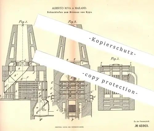 original Patent - Alberto Riva , Mailand , Italien , 1888 , Schachtofen zum Brennen von Gips | Ofen , Öfen , Ofenbauer