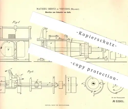 original Patent - Mathieu Heintz , Verviers , Belgien , 1890 , Schneiden von Seife | Seifen , Fett , Fette !!