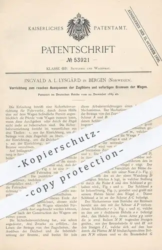 original Patent - Ingvald A. L. Lysgård , Bergen , Norwegen , 1889 , Ausspannen der Pferde am Fuhrwerk | Kutsche !!!