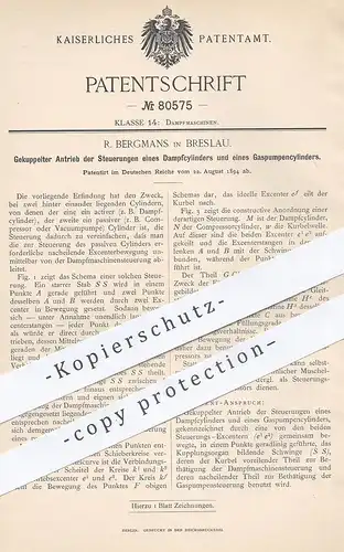 original Patent - R. Bergmans , Breslau , Antrieb der Steuerung von Dampfzylinder & Gaspumpenzylinder | Dampfmaschine