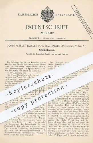 original Patent - John Wesley Darley , Baltimore , Maryland , USA , 1893 , Notenblattwender | Notenblatt | Musik , Noten