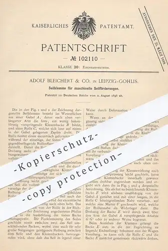 original Patent - Adolf Bleichert & Co. , Leipzig / Gohlis , 1898 , Seilklemme für maschinelle Seilförderung | Eisenbahn