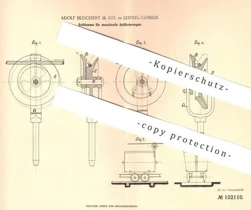 original Patent - Adolf Bleichert & Co. , Leipzig / Gohlis , 1898 , Seilklemme für maschinelle Seilförderung | Eisenbahn