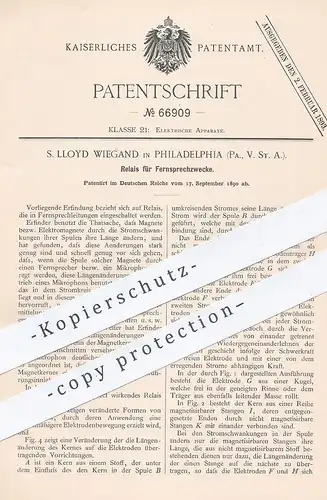 original Patent - S. Lloyd Wiegand , Philadelphia , USA , 1890 , Relais für Fernsprecher | Telefon , Mikrofon , Strom !!