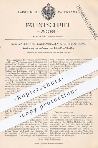 original Patent - Maschinen Cartonnagen AG , Hamburg , 1892 , Auftragen von Klebstoff auf Papier , Pappe , Karton !!!