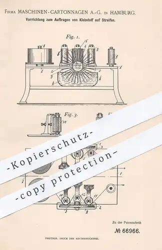 original Patent - Maschinen Cartonnagen AG , Hamburg , 1892 , Auftragen von Klebstoff auf Papier , Pappe , Karton !!!