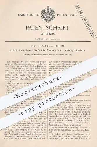 original Patent - Max Blaeske , Berlin , 1891 , Sicherheitsverschluss für Hutnadeln , Nadeln | Schmuck , Brosche !!