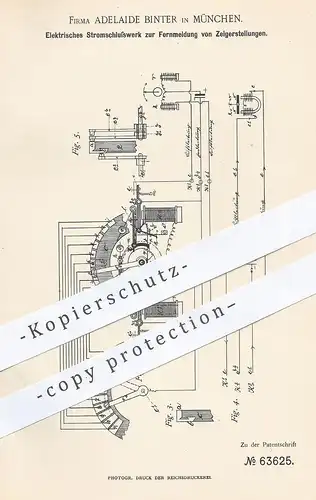 original Patent - Adelaide Binter , München , 1891 , Elektrisches Stromschlusswerk | Strom - Signal | Eisenbahn , Magnet