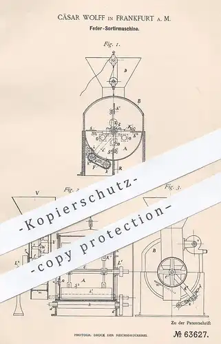 original Patent - Cäsar Wolff , Frankfurt / Main , 1890 , Feder - Sortiermaschine | Werkzeug | Federn , Schlosser !!